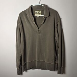 ROOTS R33 Roots 33 Years Quarter Zip Pullover Sweatshirt Medium Brown Distressed